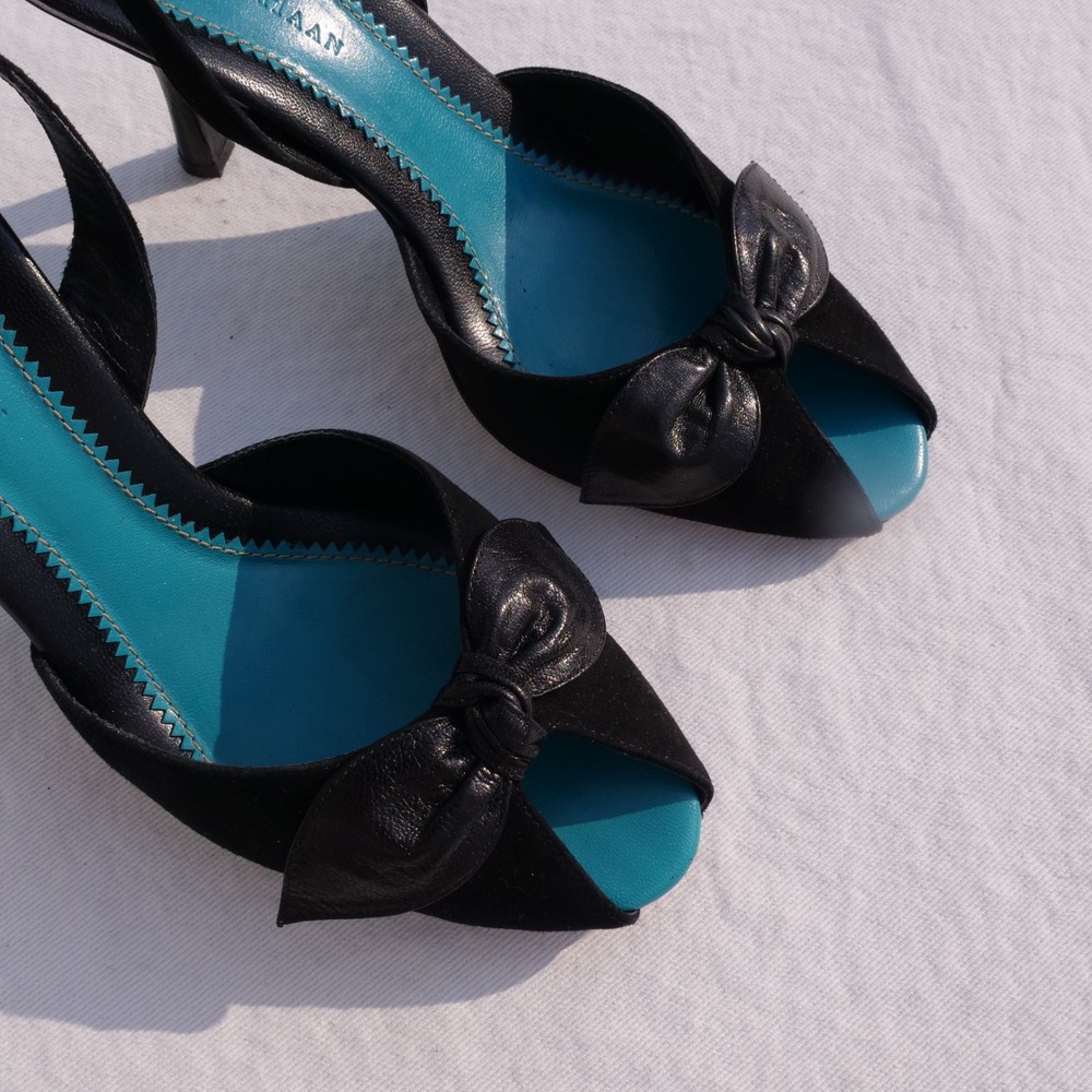 Vintage 90s Cole Haan black suede peep toe heels - Picture 4 of 8